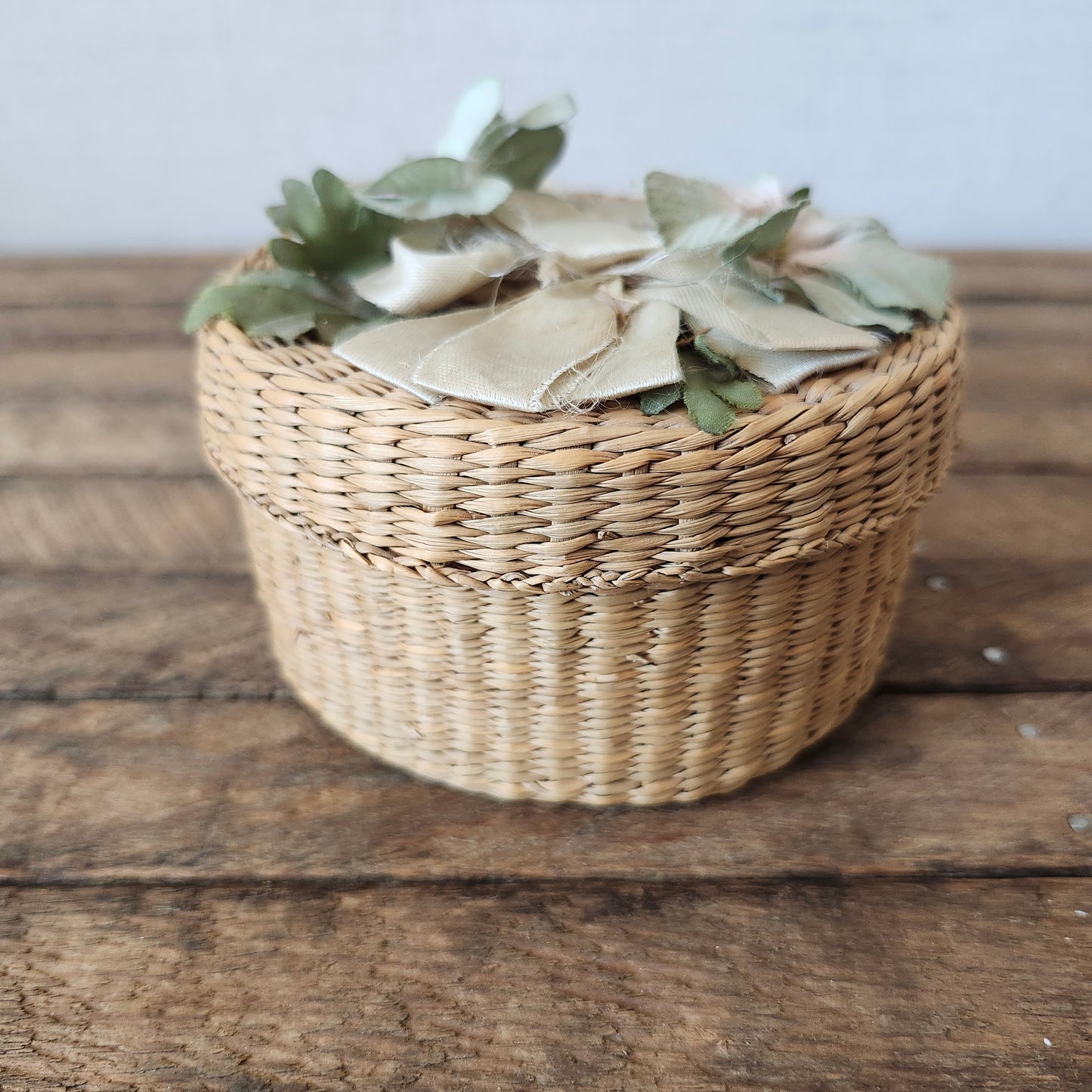 Vintage Handwoven Basket with Flowers on the Lid