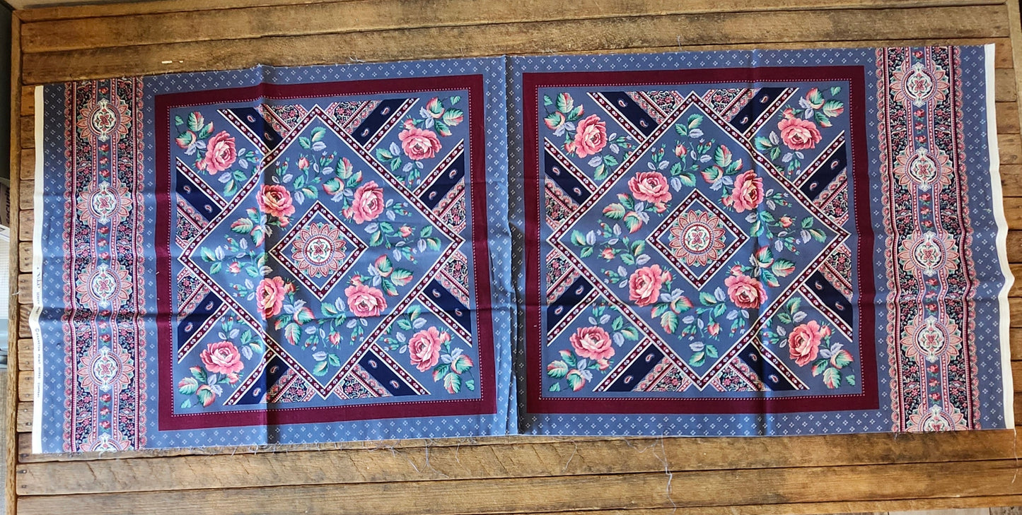 Mauve Roses on Burgundy and Blue Background Pillow Cut and Sew Panel