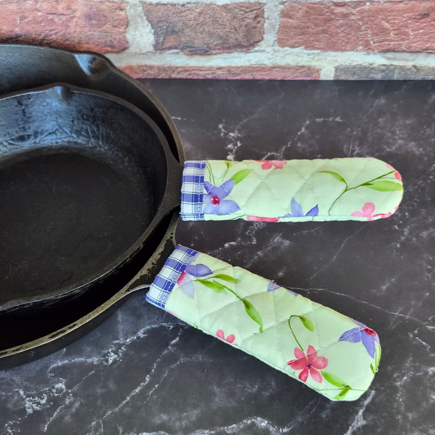 Pink and Purple Flowers on Green Skillet Handle Cover
