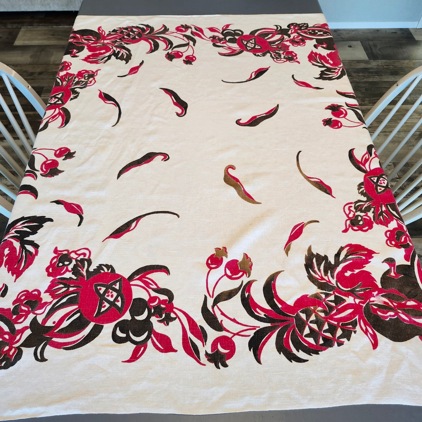 Pink and Brown Floral Design Vintage Tablecloth