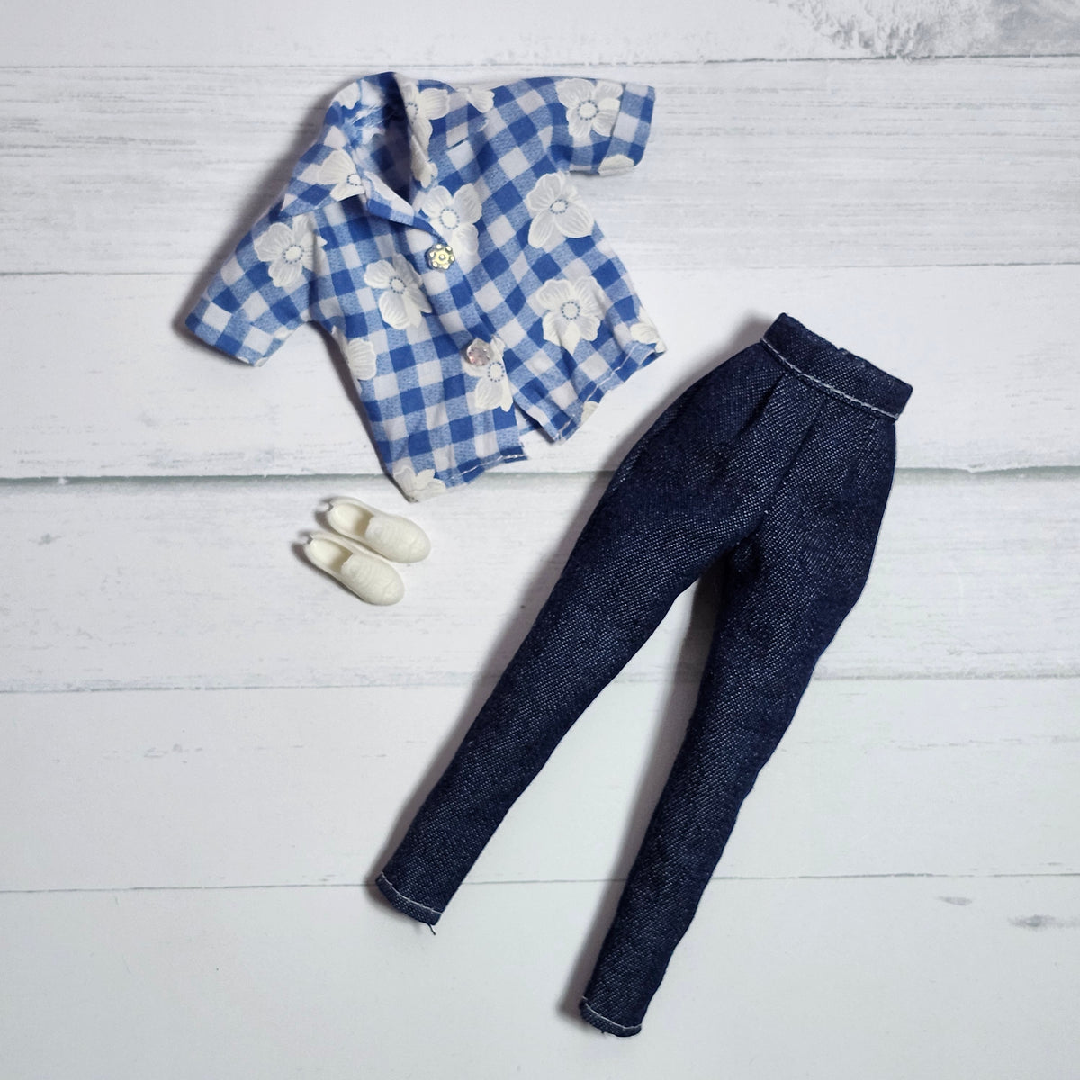 Blue Gingham Daisies and Denim Outfit for 11 1/2" fashion dolls
