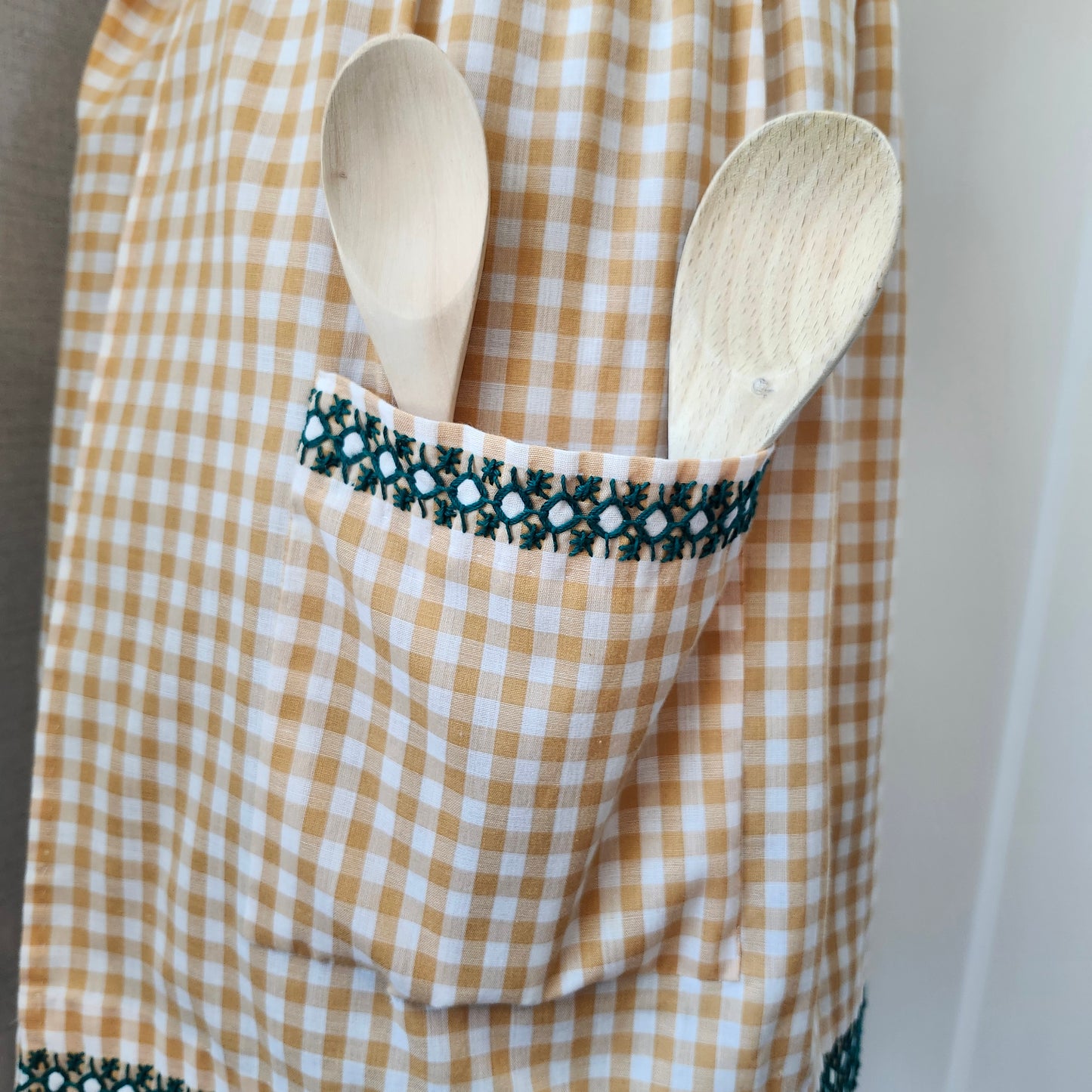 Tan Gingham Vintage Half Apron with Green Cross Stitch Design