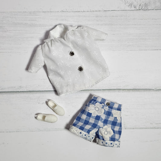 Daisy Blue Gingham Shorts and Floral Blouse for 11 1/2" fashion dolls