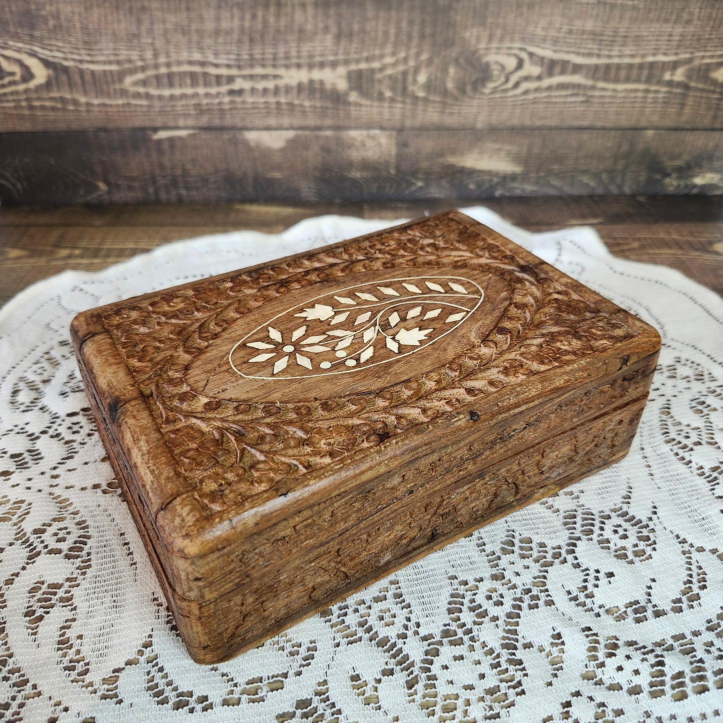 Carved Wood Box with Lid Inlay