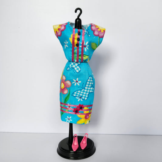 Butterflies and Flowers Blue Dress for 11 1/2" fashion dolls