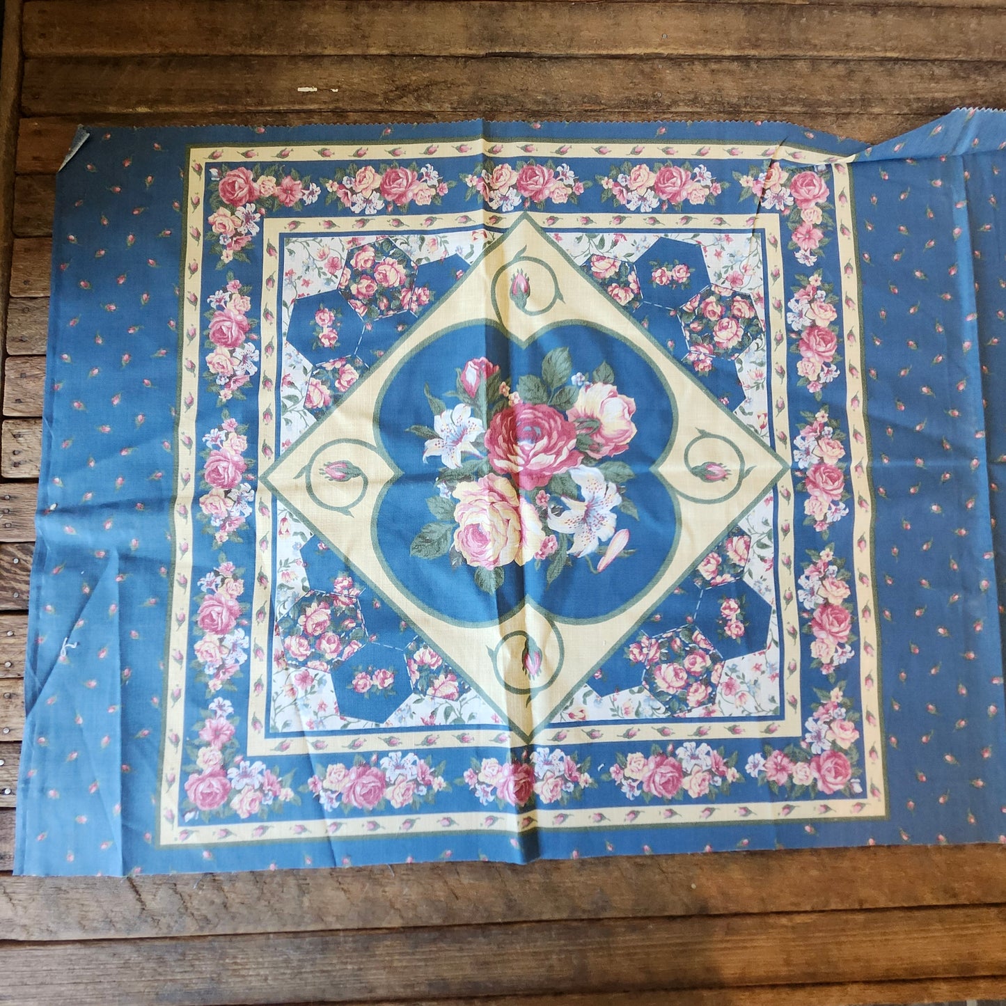 Red Roses on Blue Background Pillow Cut and Sew Panel