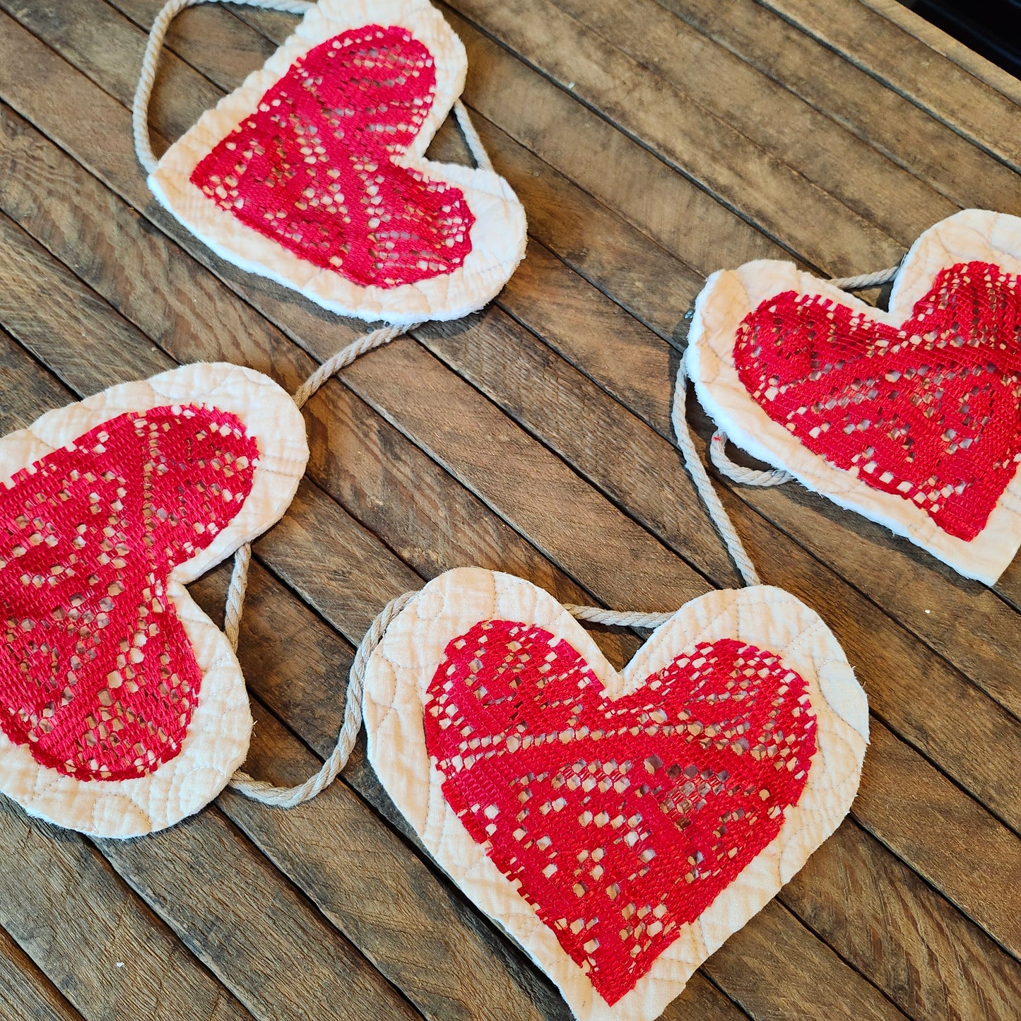 Red Lace and Quilted Hearts Garland