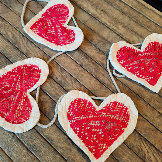 Red Lace and Quilted Hearts Garland
