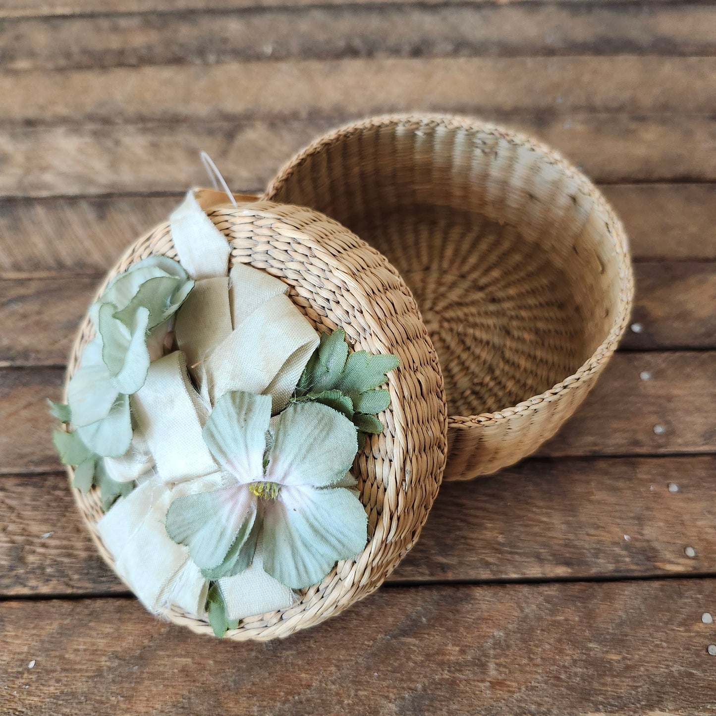 Vintage Handwoven Basket with Flowers on the Lid
