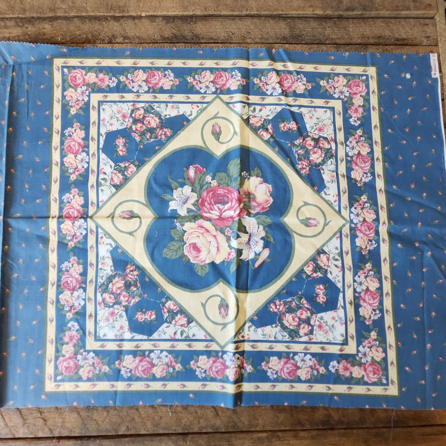 Red Roses on Blue Background Pillow Cut and Sew Panel