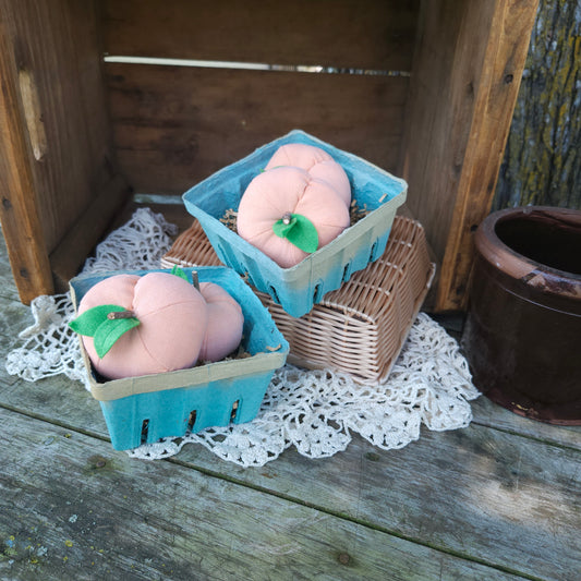 Set of 2 Handmade Fabric Peaches in a Quart Basket, vintage linens, summer decor, farmhouse