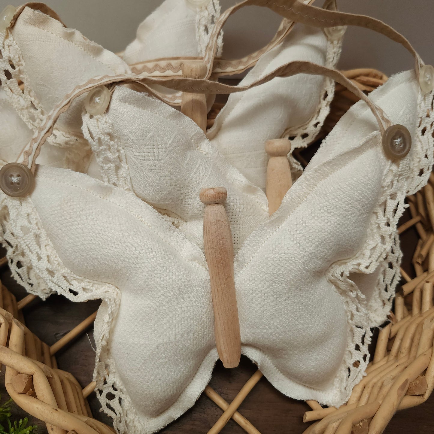 Butterfly Hanging Ornie, vintage linens, clothespin
