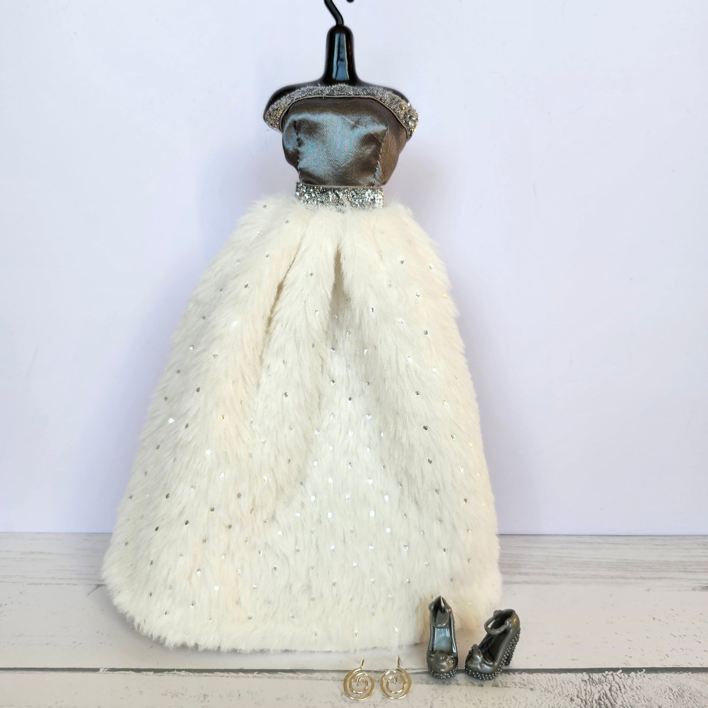 Silver and Fur Ball Gown for 11 1/2" fashion dolls