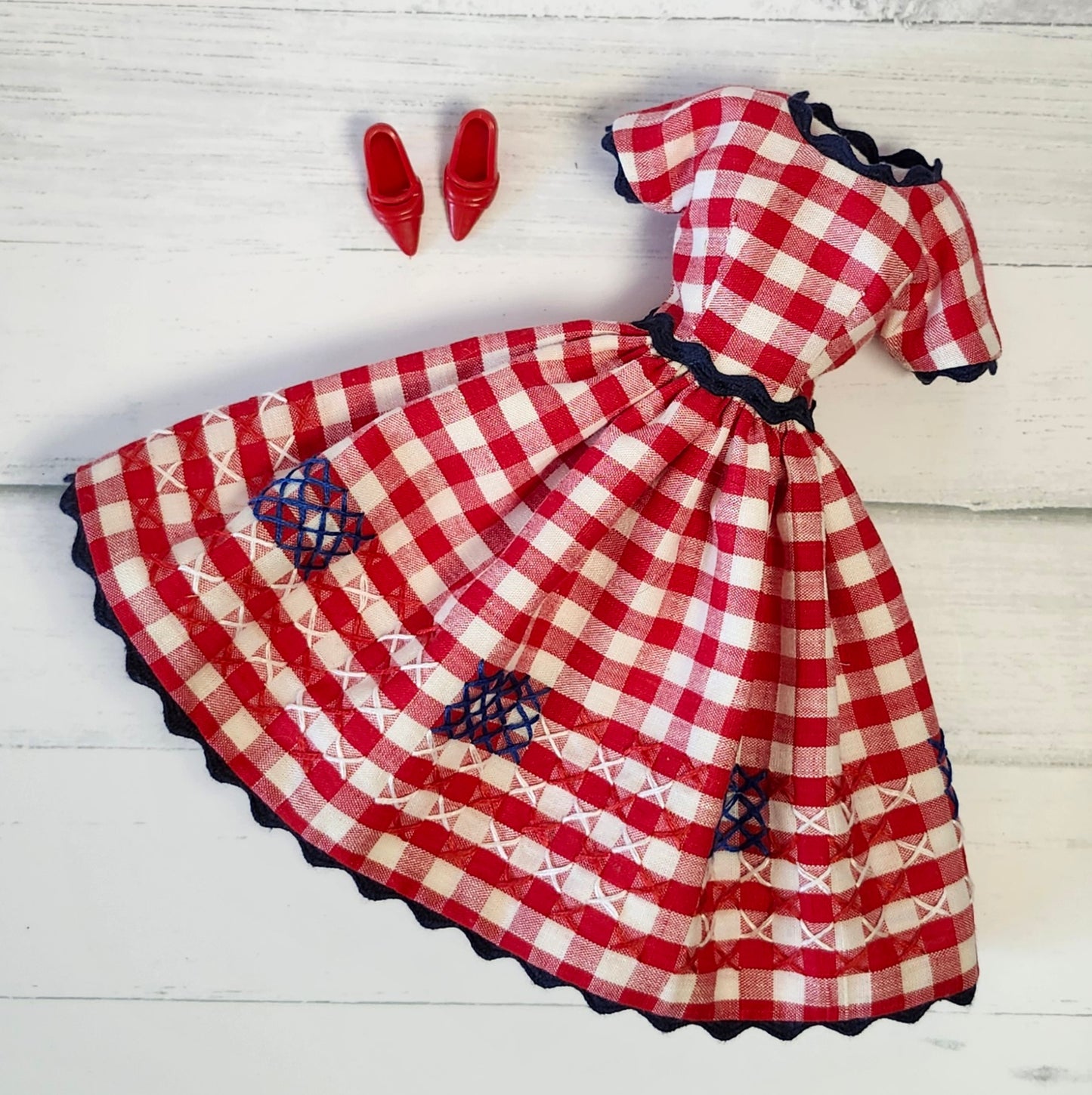 Flags on Gingham Hand Stitched Dress for 11 1/2" fashion dolls