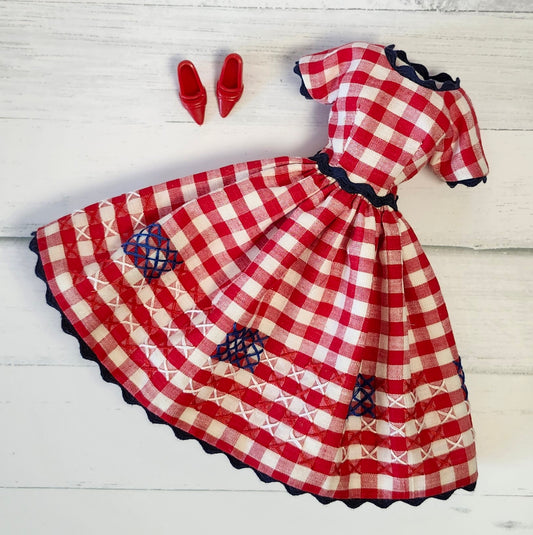 Flags on Gingham Hand Stitched Dress for 11 1/2" fashion dolls