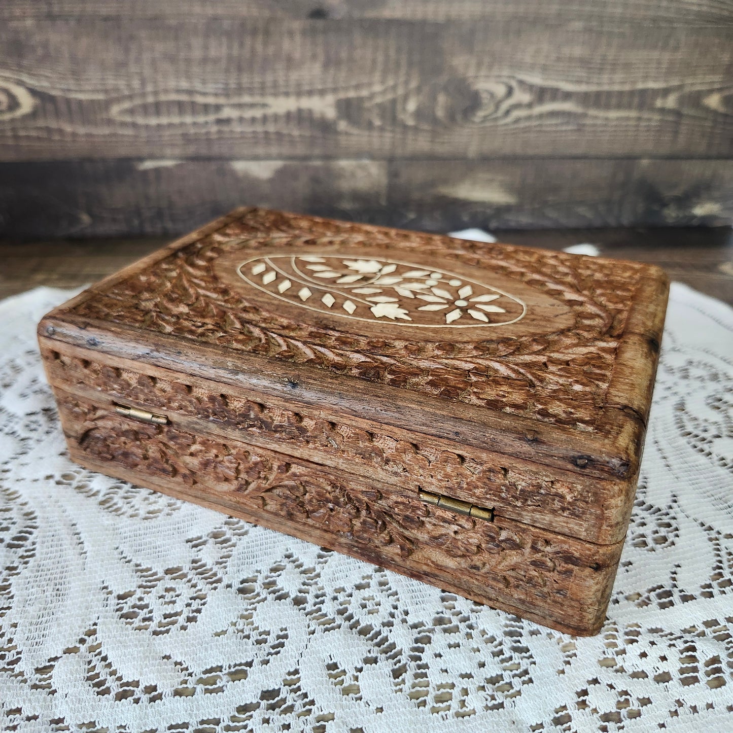 Carved Wood Box with Lid Inlay