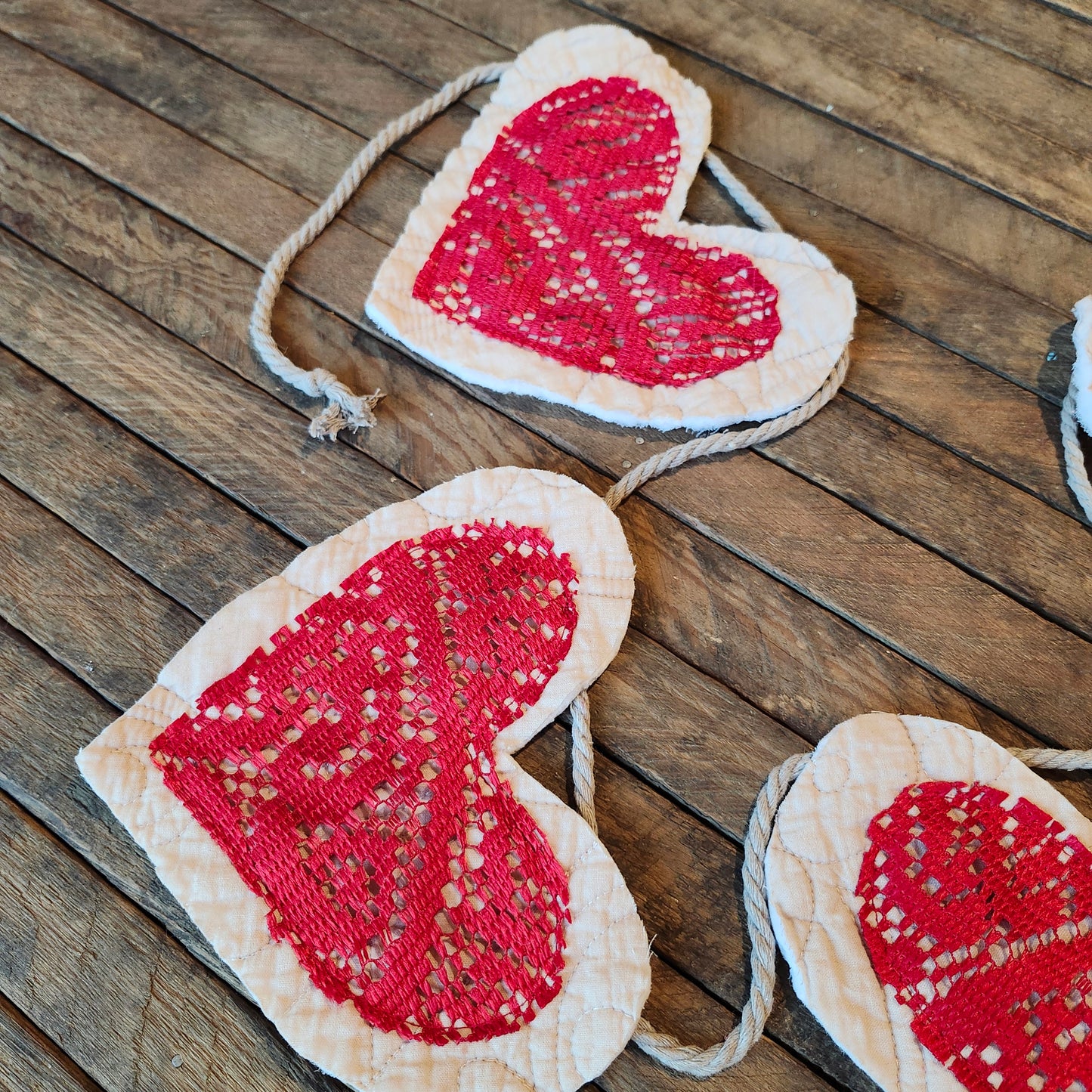 Red Lace and Quilted Hearts Garland