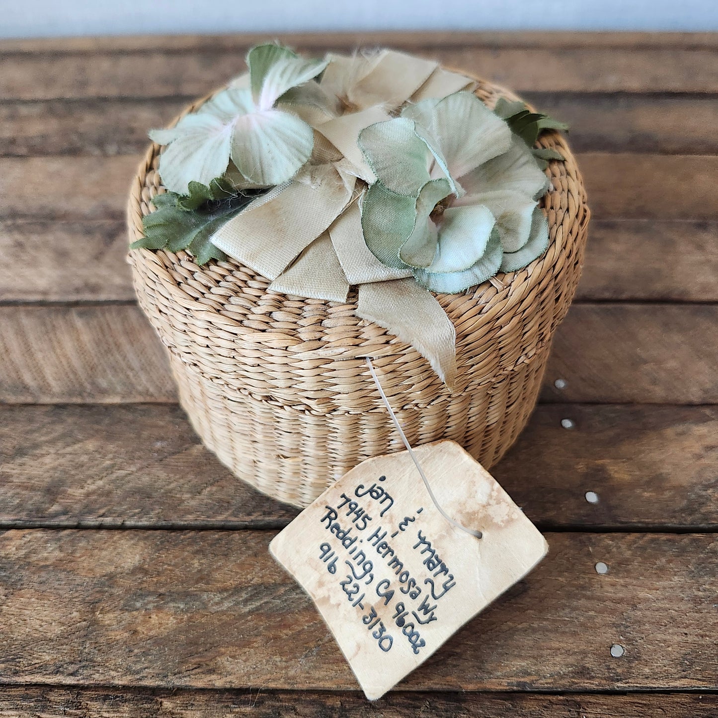 Vintage Handwoven Basket with Flowers on the Lid