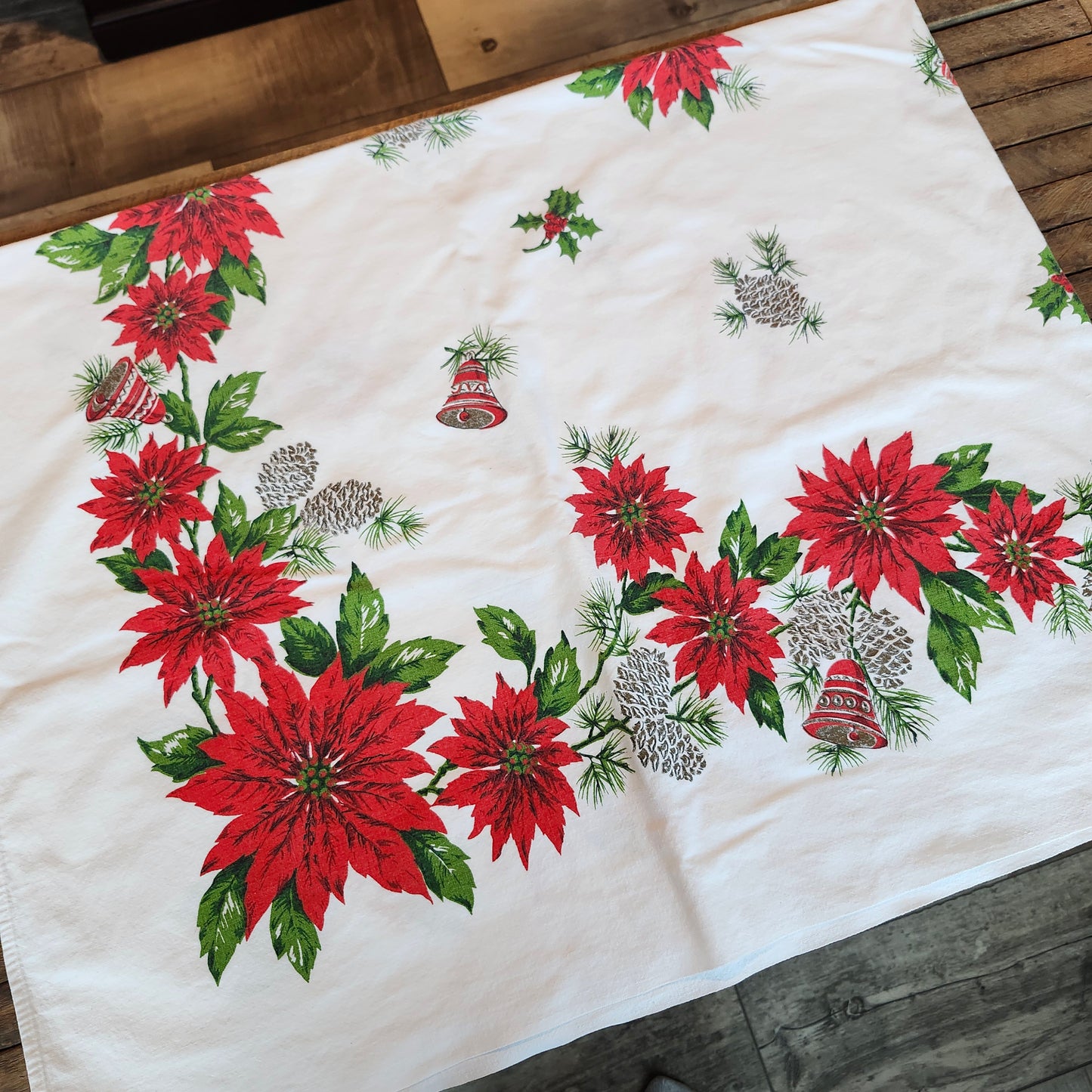 Poinsettias and Bells Vintage Christmas Tablecloth