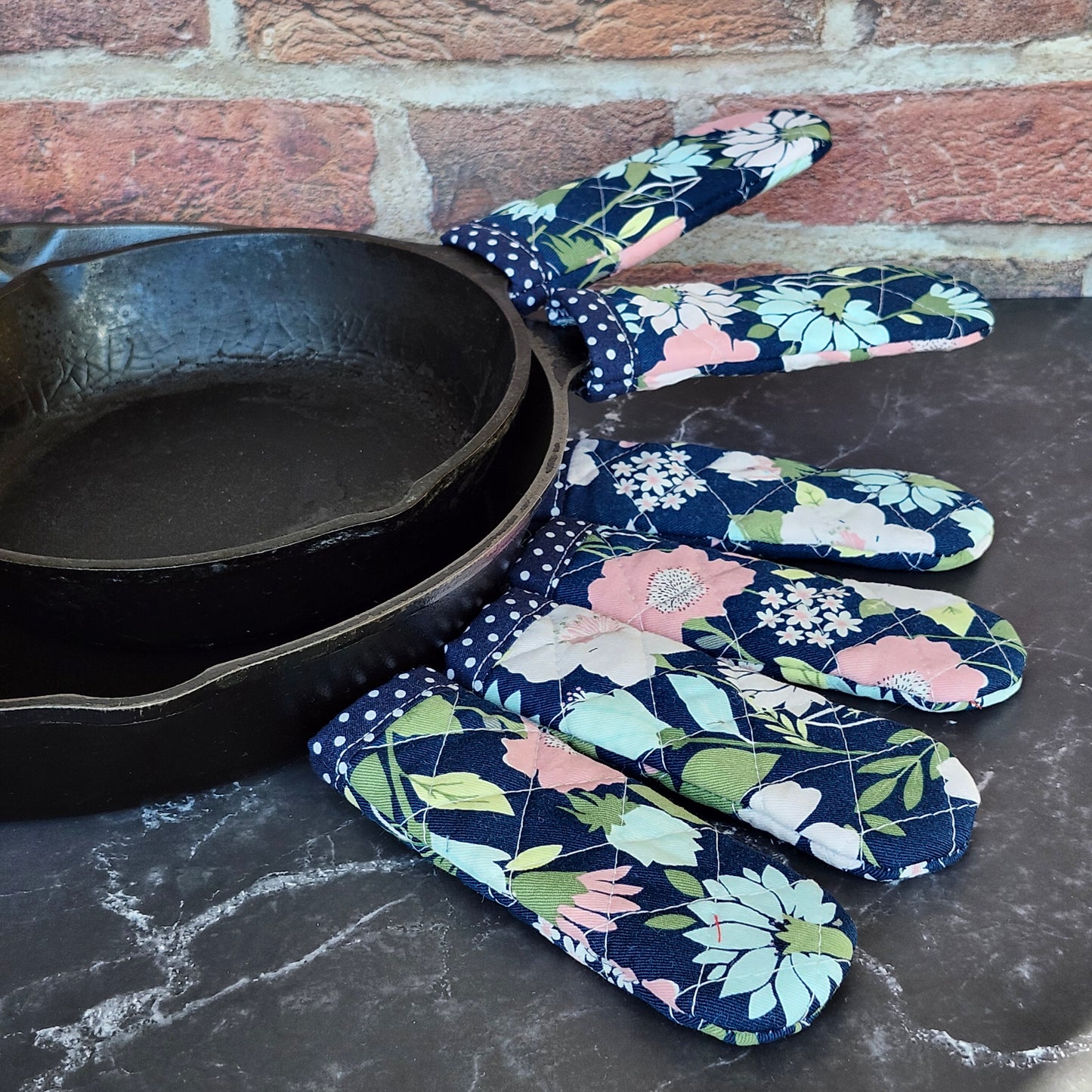 Flowers on Blue Skillet Handle Cover