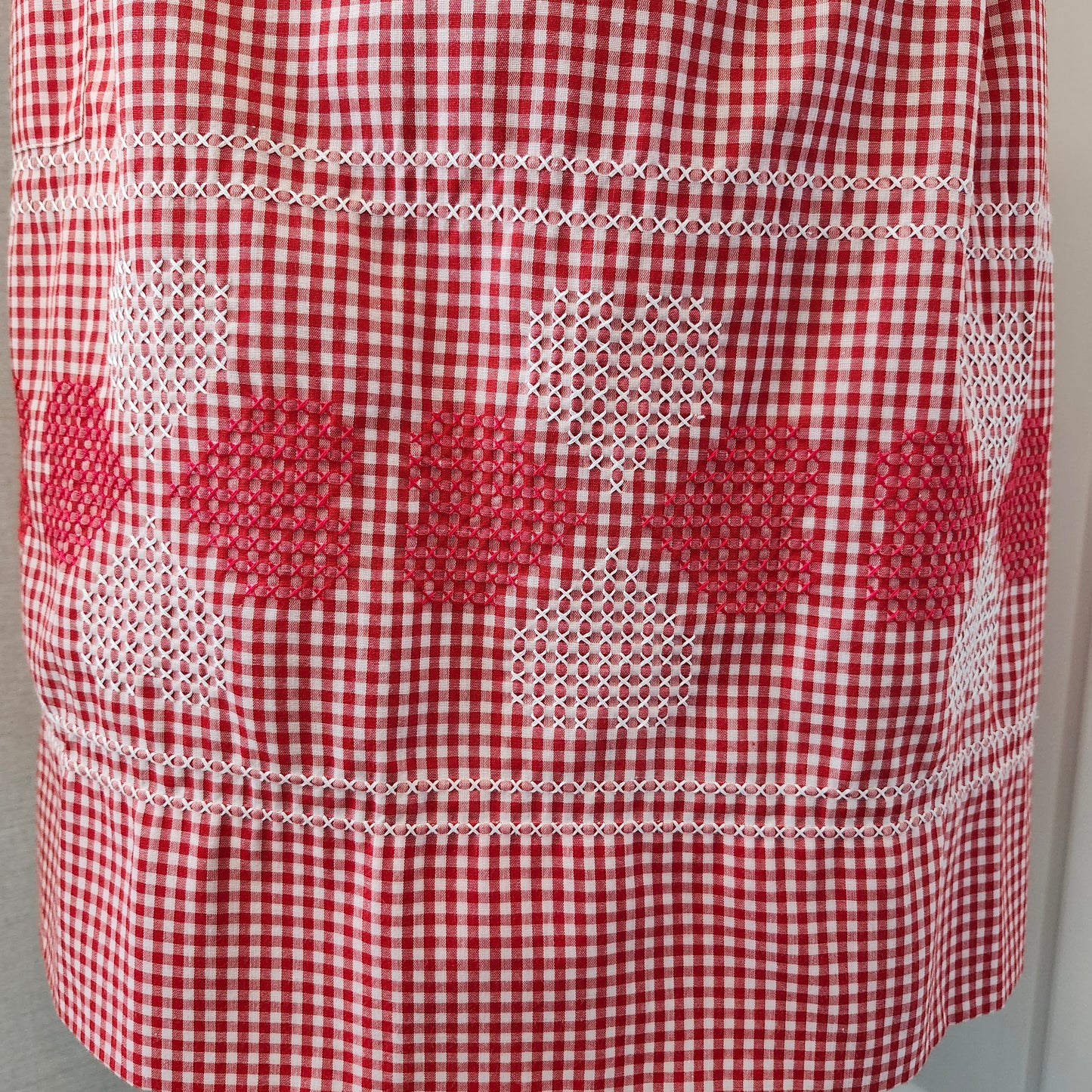 Red and White Gingham Vintage Half Apron with Cross Stitched Hearts