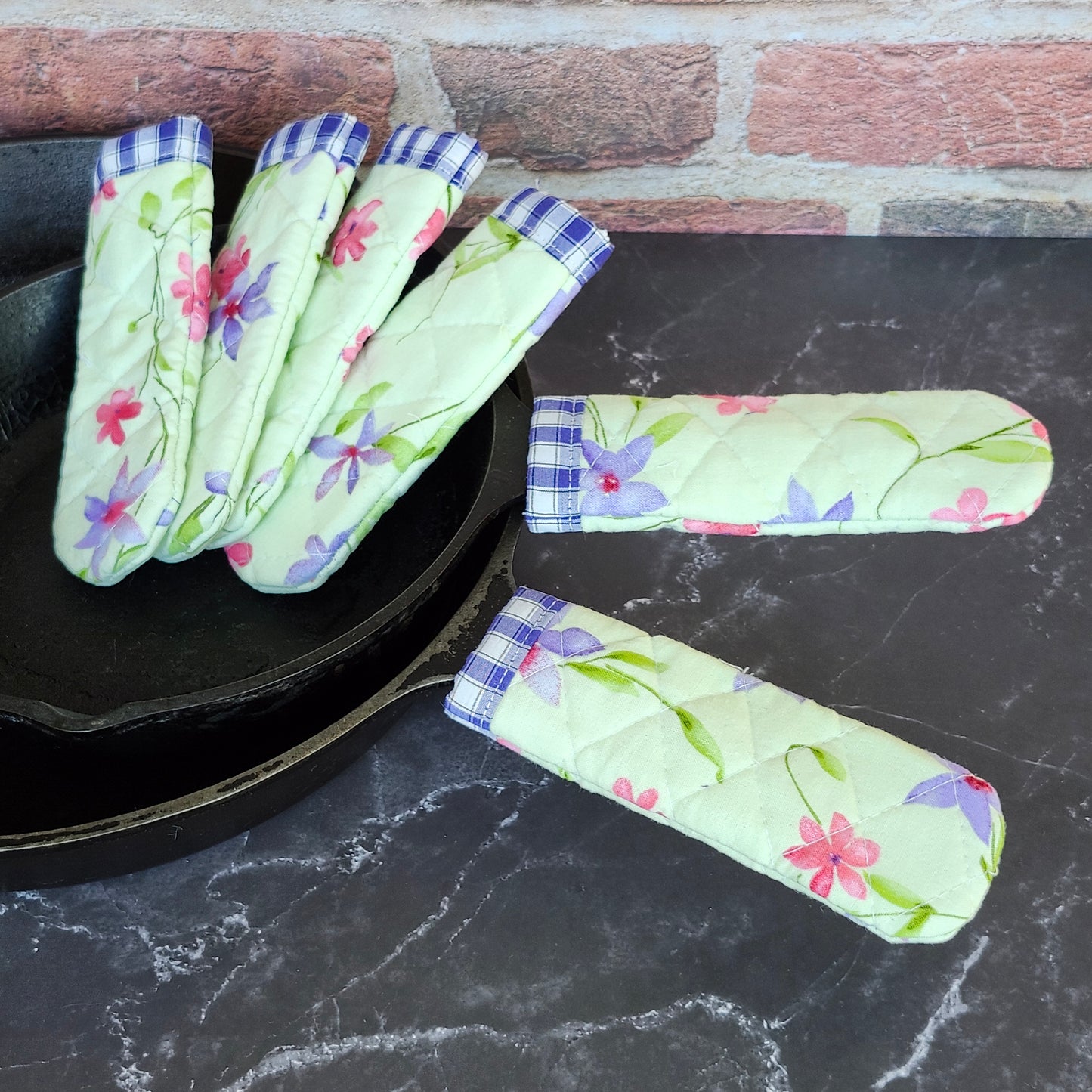 Pink and Purple Flowers on Green Skillet Handle Cover