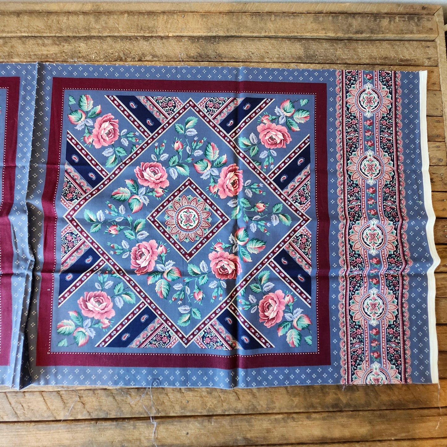 Mauve Roses on Burgundy and Blue Background Pillow Cut and Sew Panel