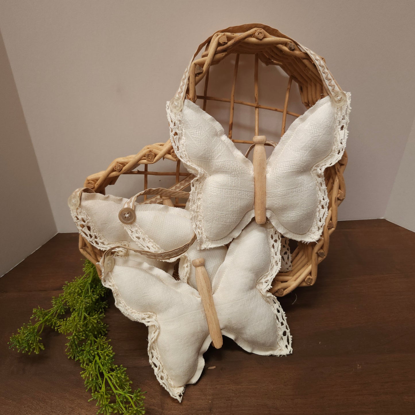 Butterfly Hanging Ornie, vintage linens, clothespin