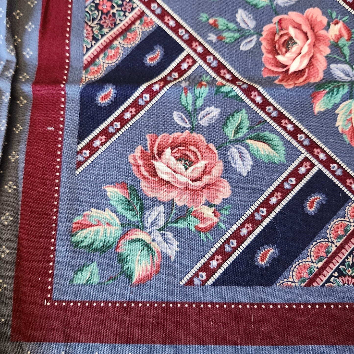 Mauve Roses on Burgundy and Blue Background Pillow Cut and Sew Panel