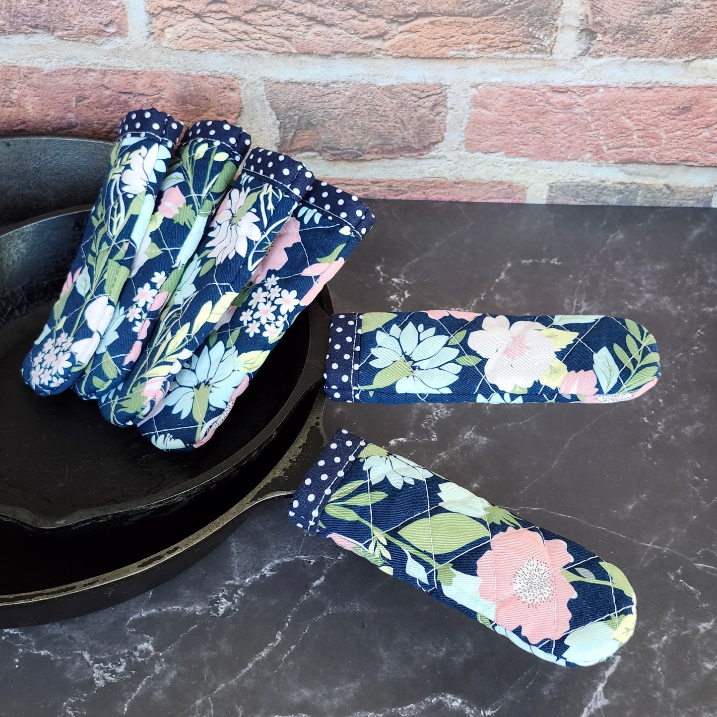 Flowers on Blue Skillet Handle Cover