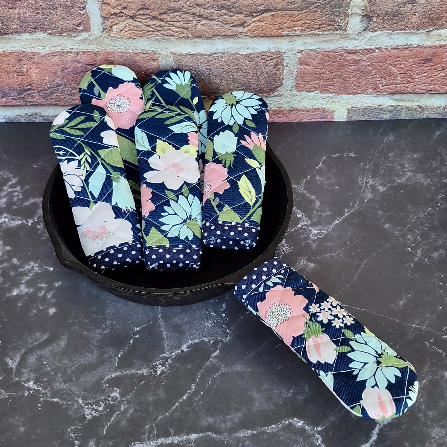 Flowers on Blue Skillet Handle Cover