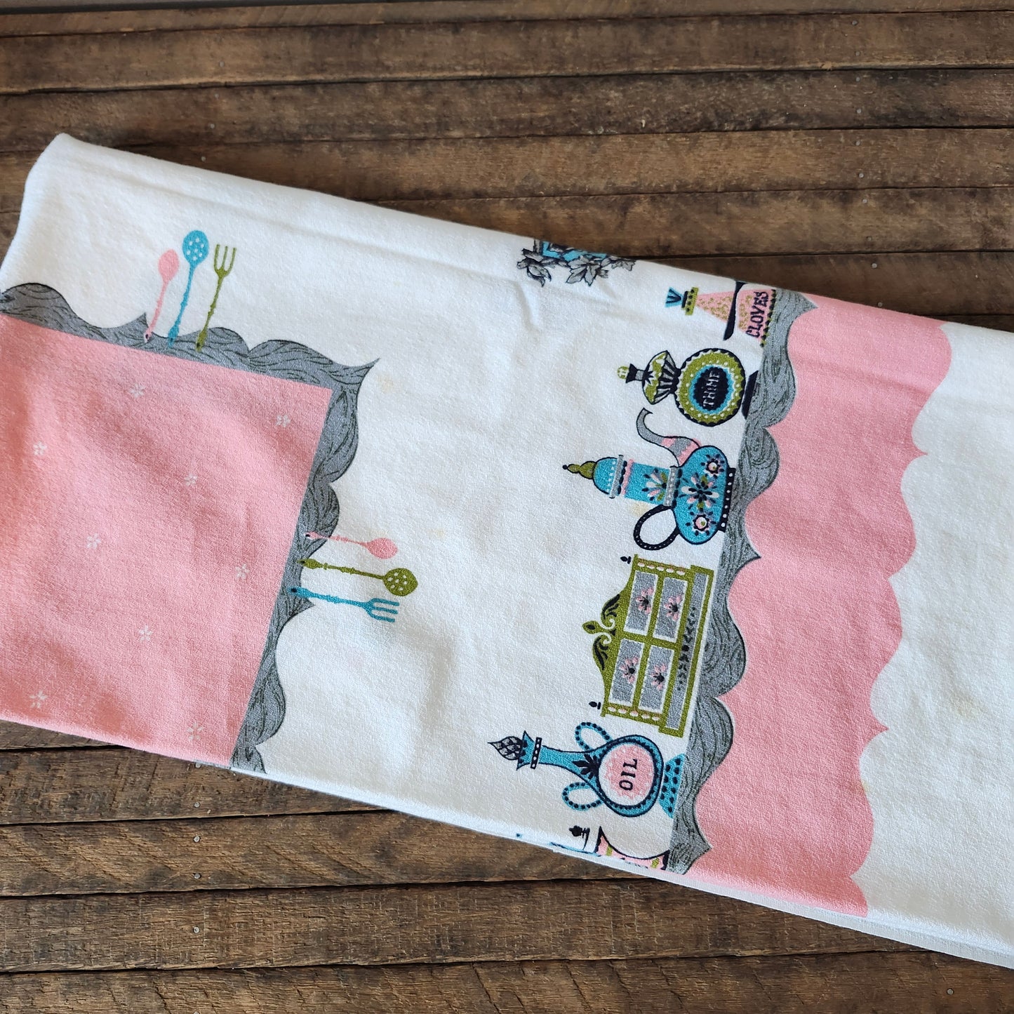 Pink Kitchen Scene MCM Vintage Startex Tablecloth