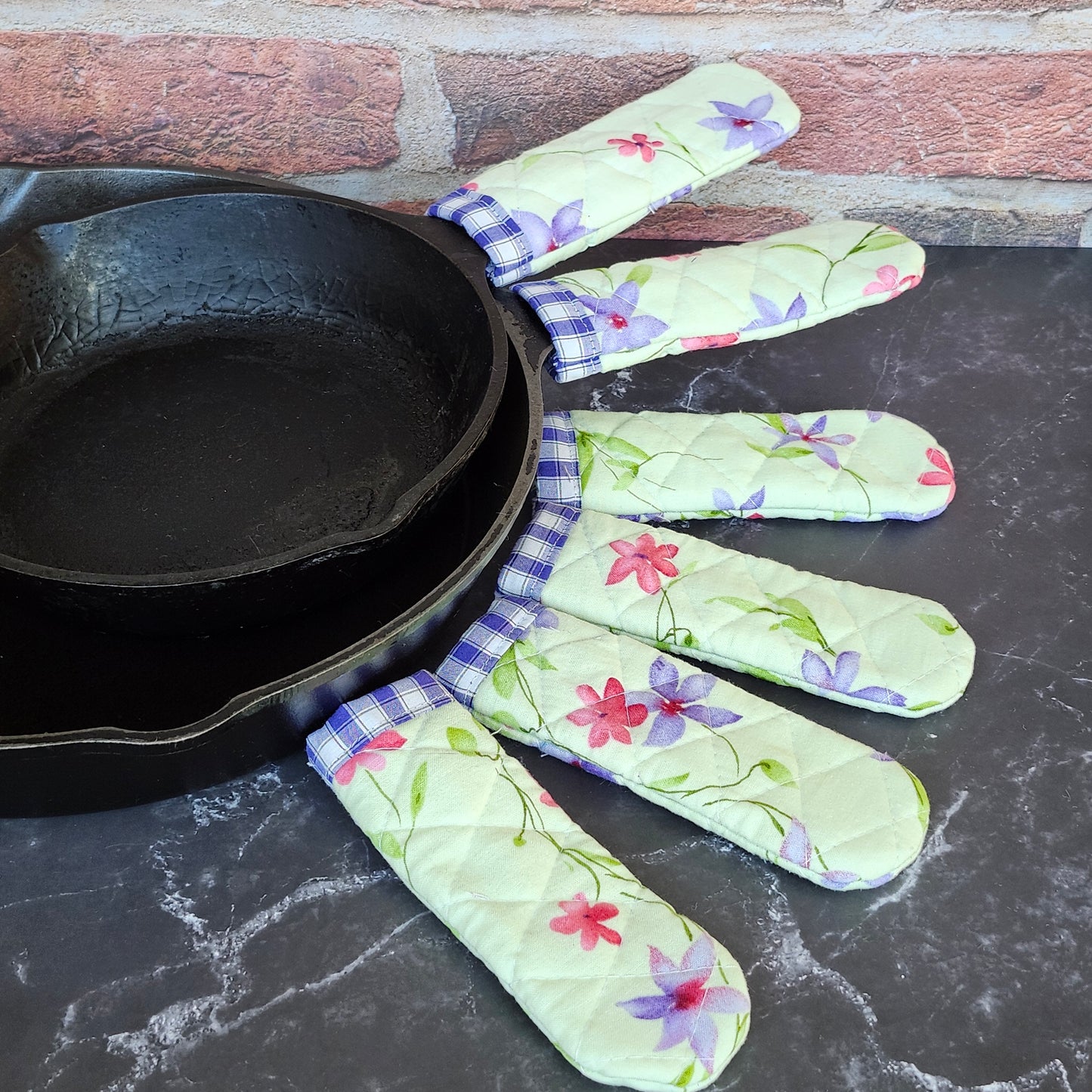 Pink and Purple Flowers on Green Skillet Handle Cover