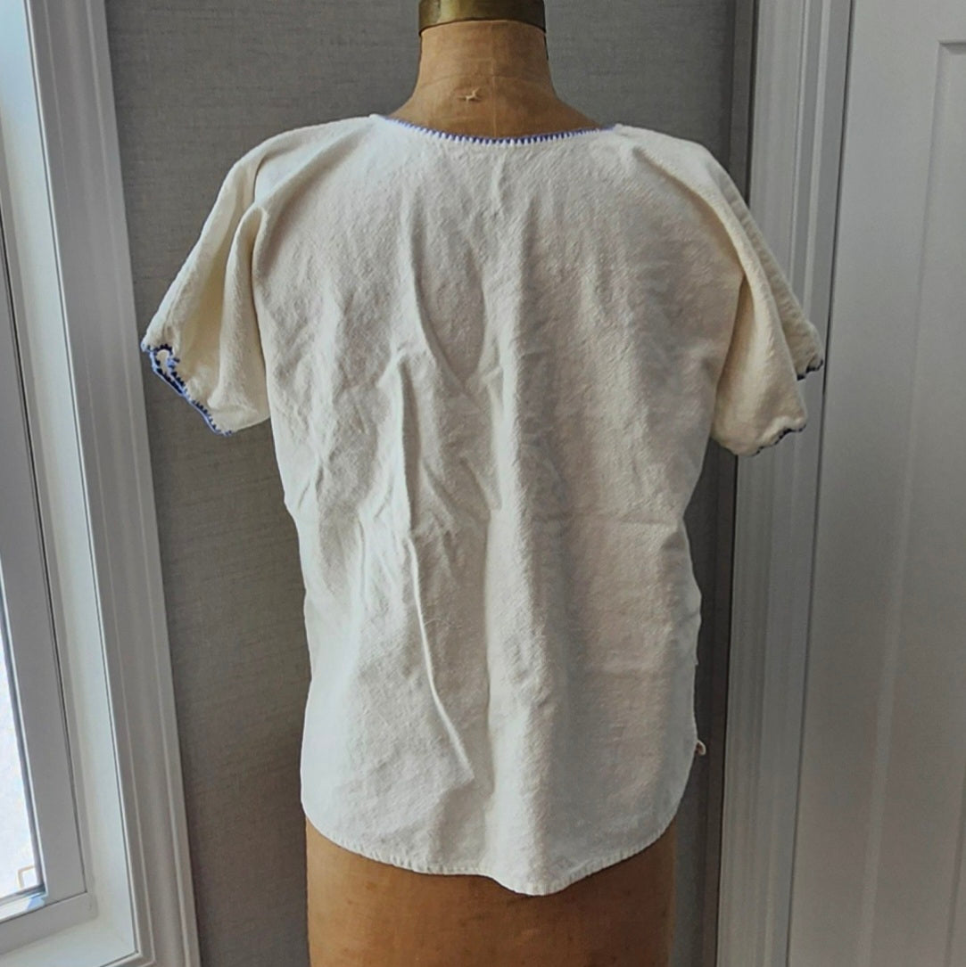 Boho Blue Embroidered White Blouse Handmade