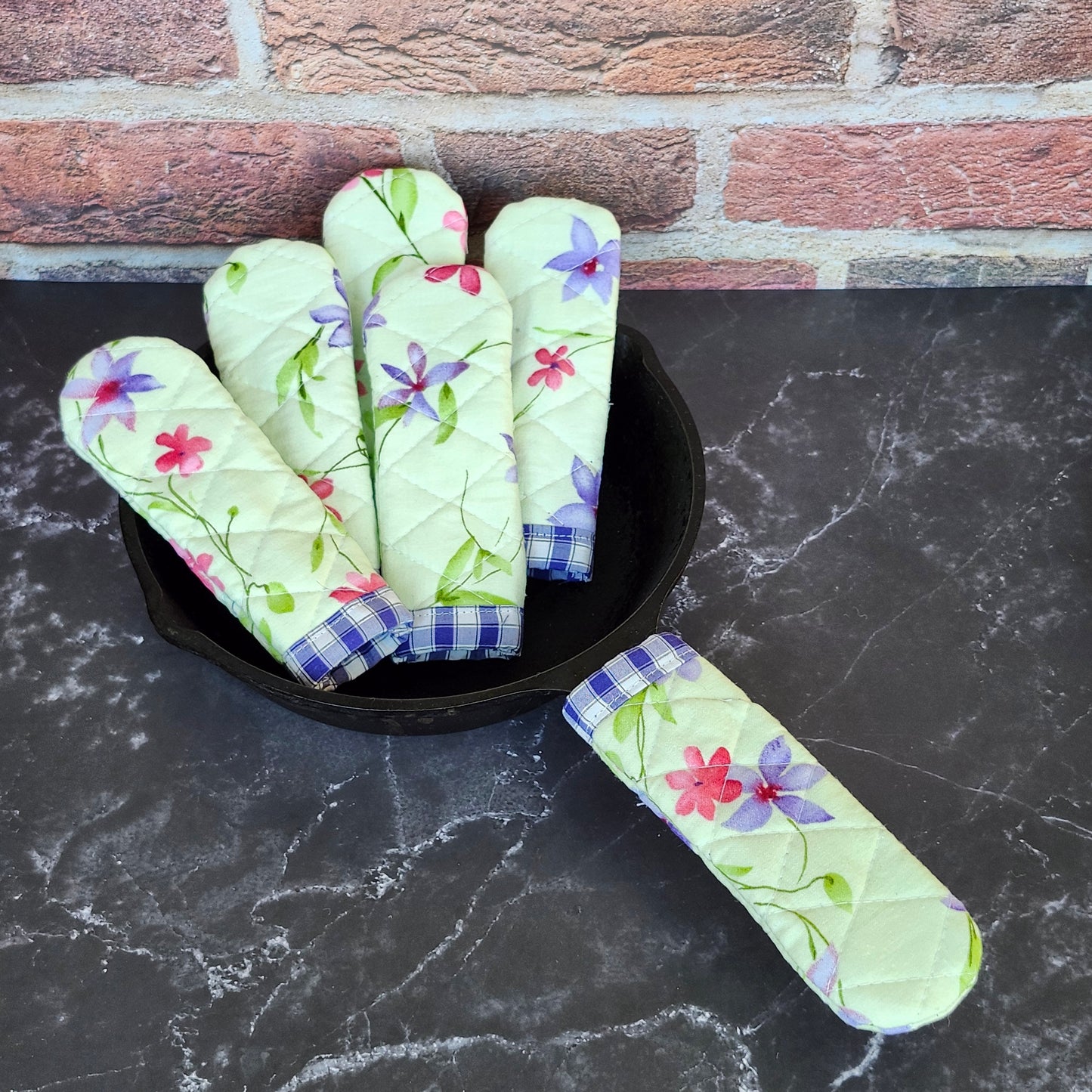 Pink and Purple Flowers on Green Skillet Handle Cover