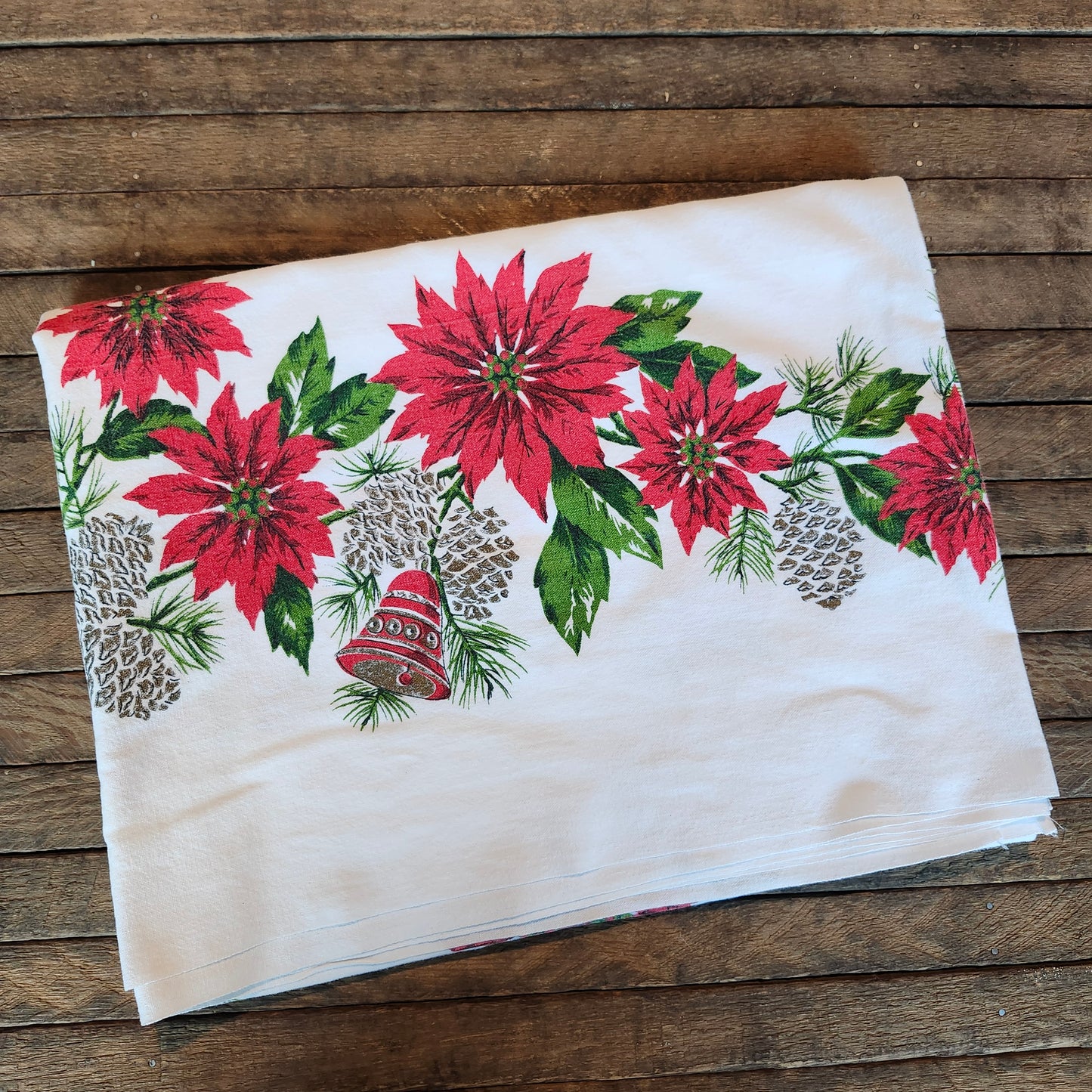 Poinsettias and Bells Vintage Christmas Tablecloth