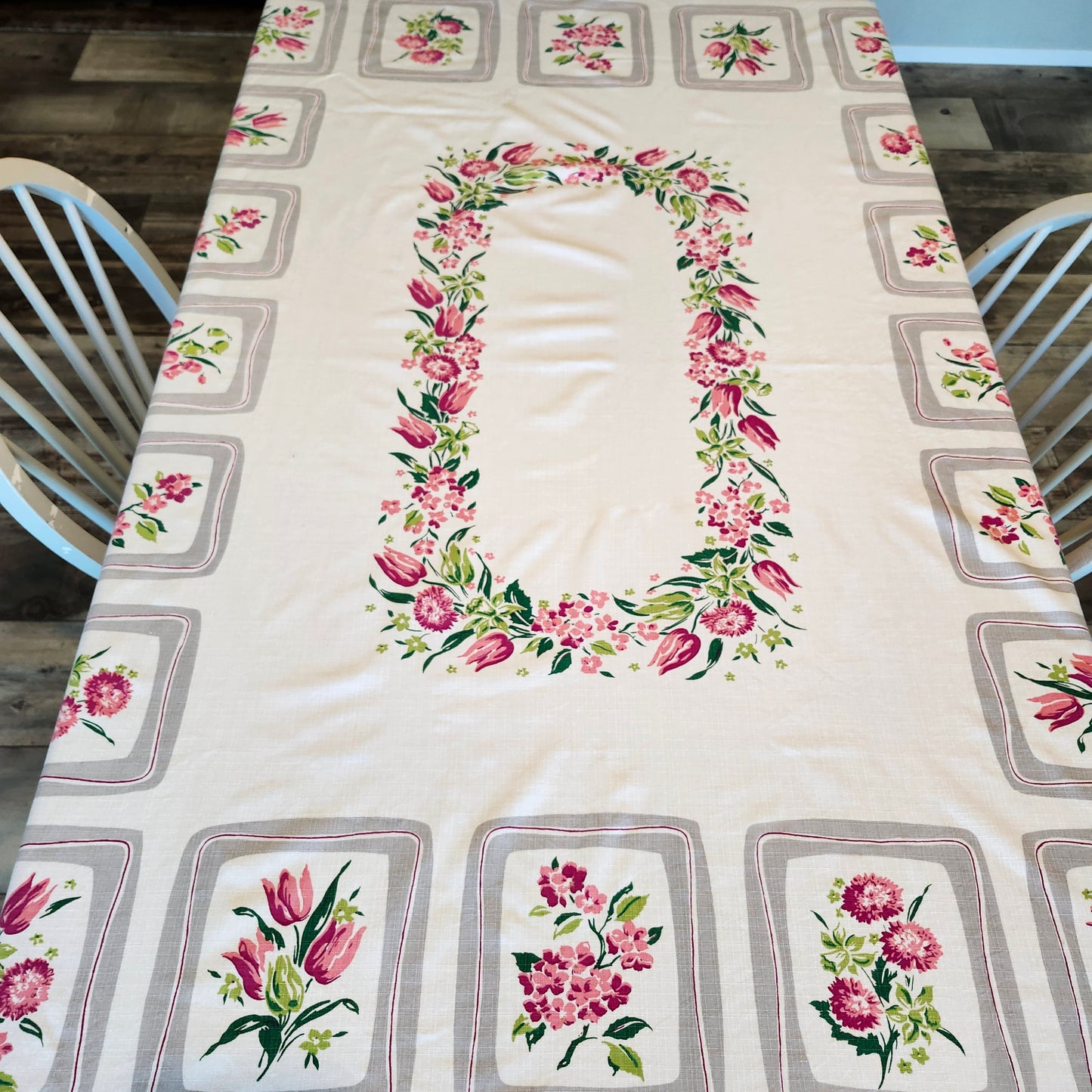 Pink and Gray Floral Vintage Tablecloth