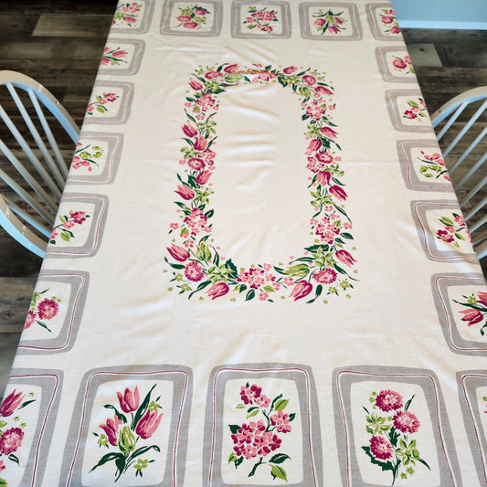 Pink and Gray Floral Vintage Tablecloth