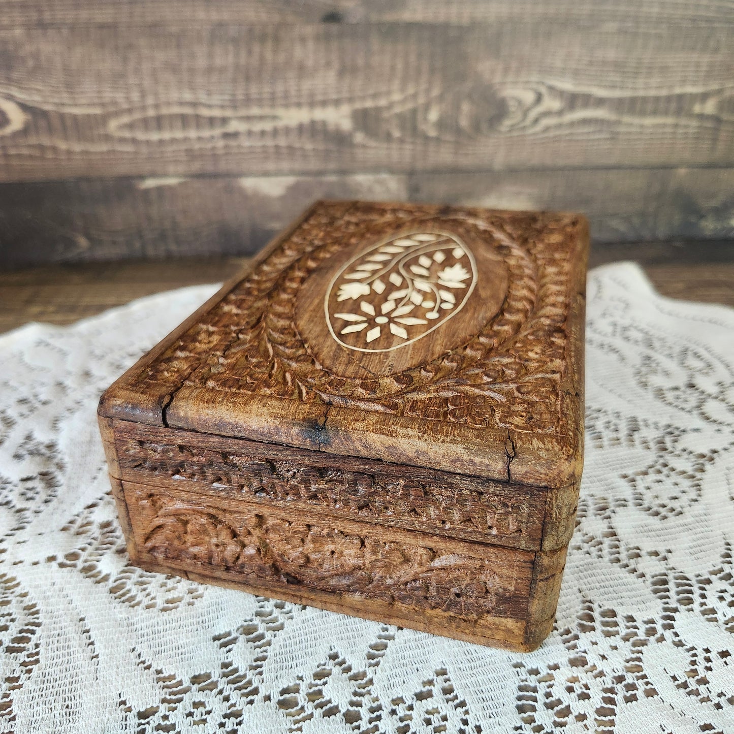 Carved Wood Box with Lid Inlay