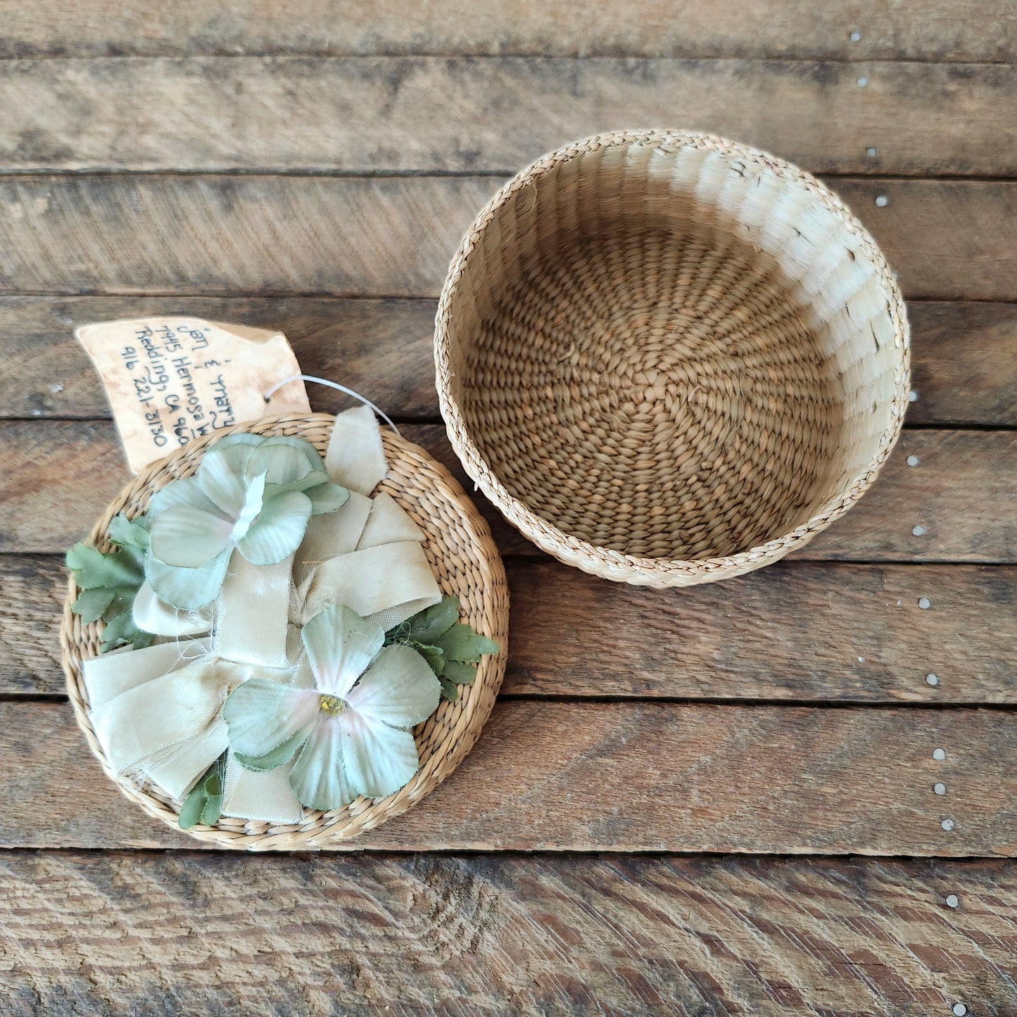 Vintage Handwoven Basket with Flowers on the Lid