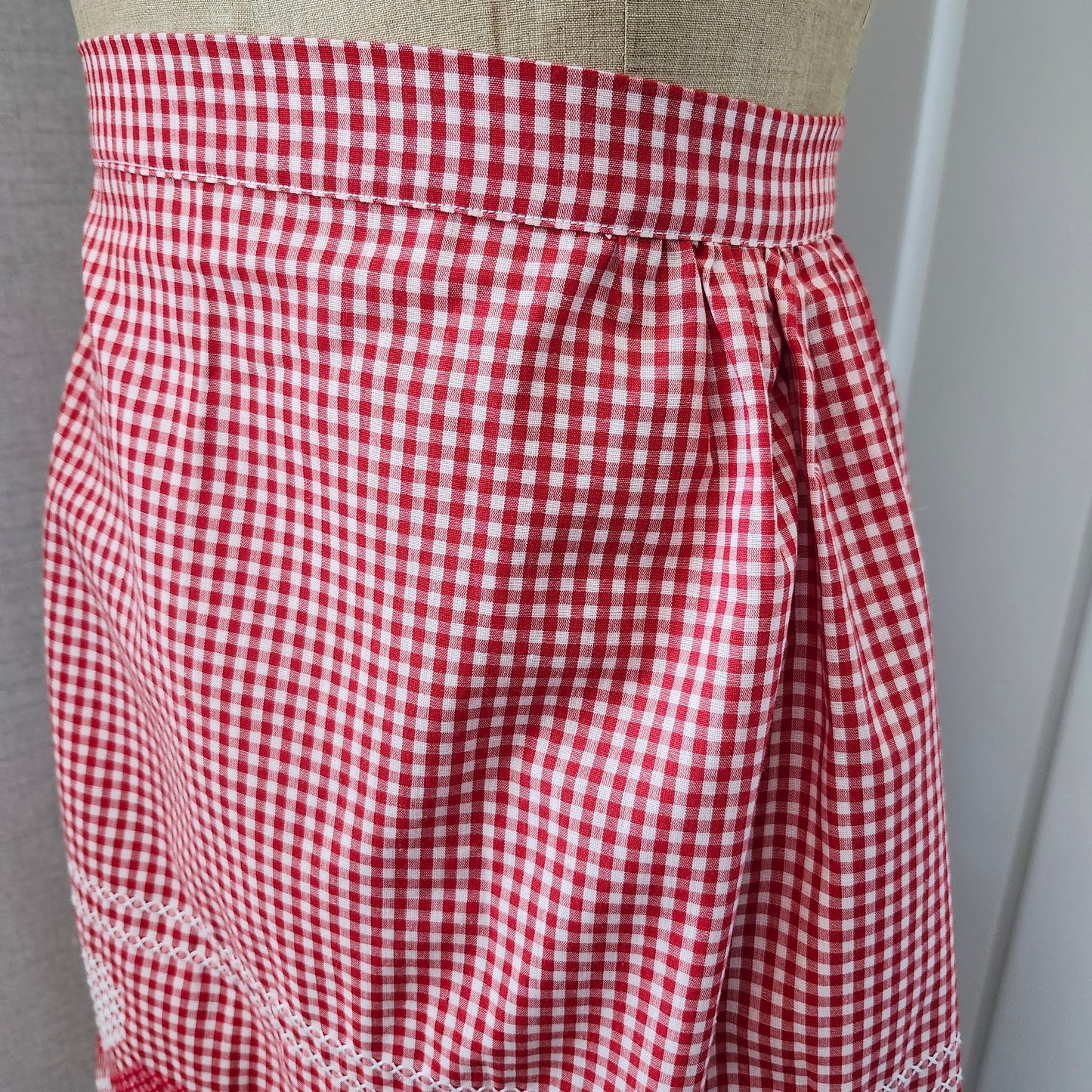 Red and White Gingham Vintage Half Apron with Cross Stitched Hearts