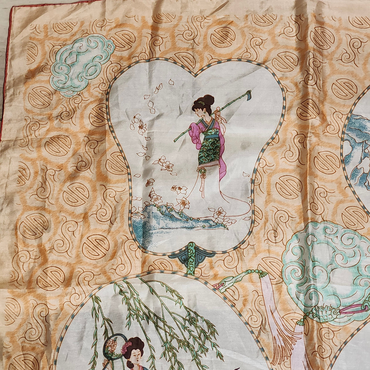 Vintage Triangle Brand Hand Printed Silk Scarf, Chinese Ladies Design