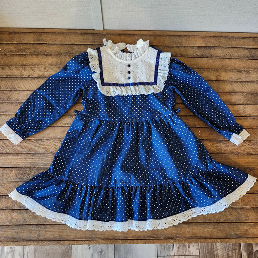 Blue Polka Dot Vintage 1980s Sears Dress for Girl size 4