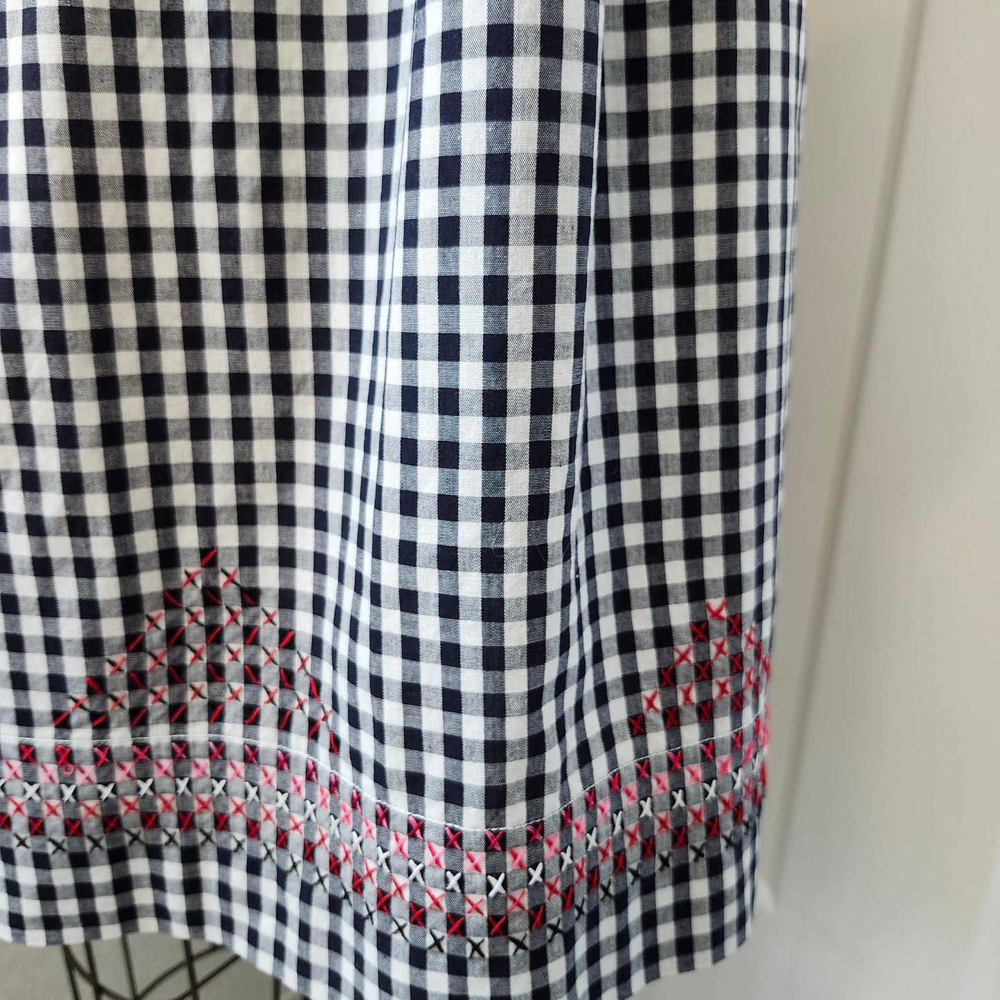 Black and White Gingham Vintage Half Apron with Red Cross Stitched Design