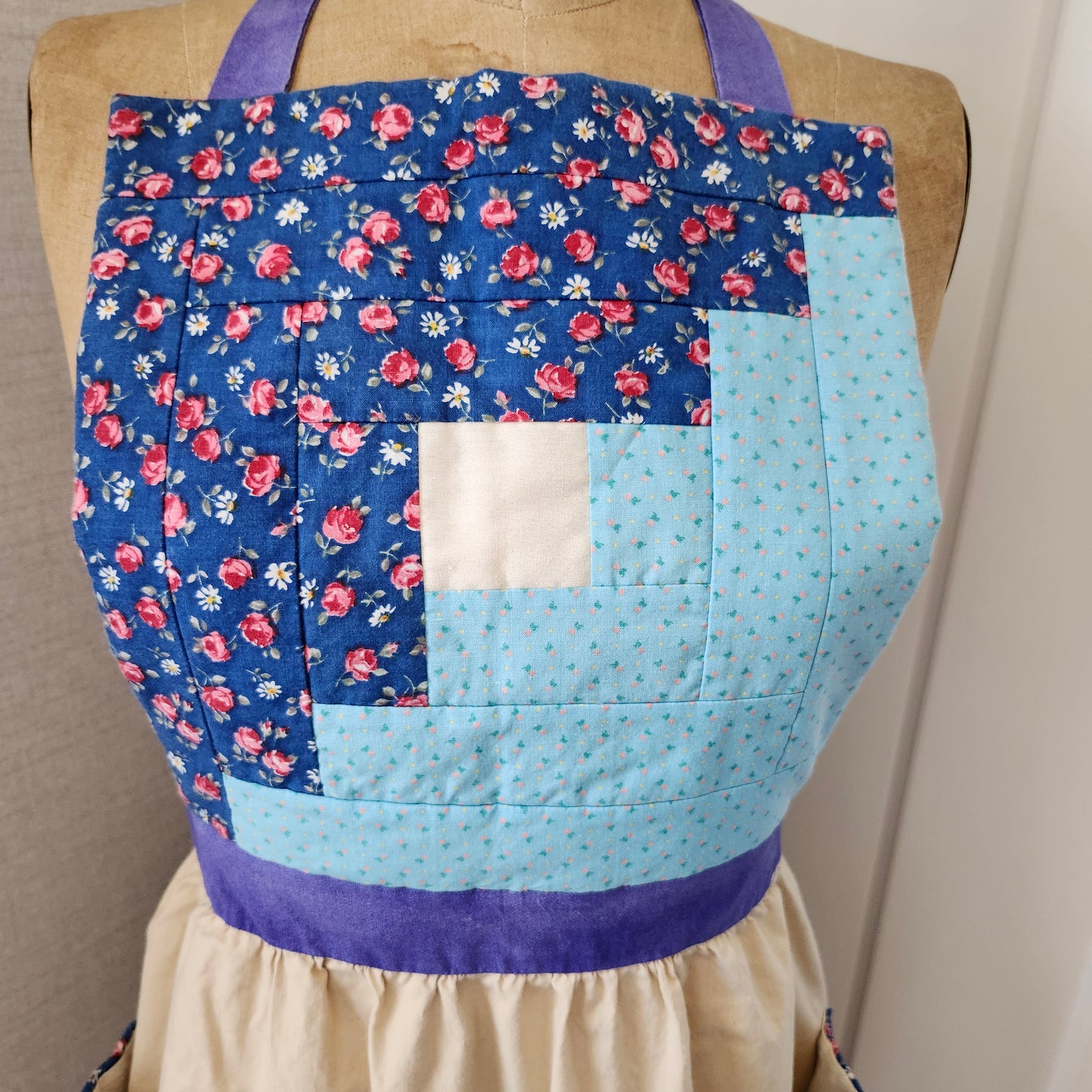 Log Cabin Quilted Bib Vintage Apron