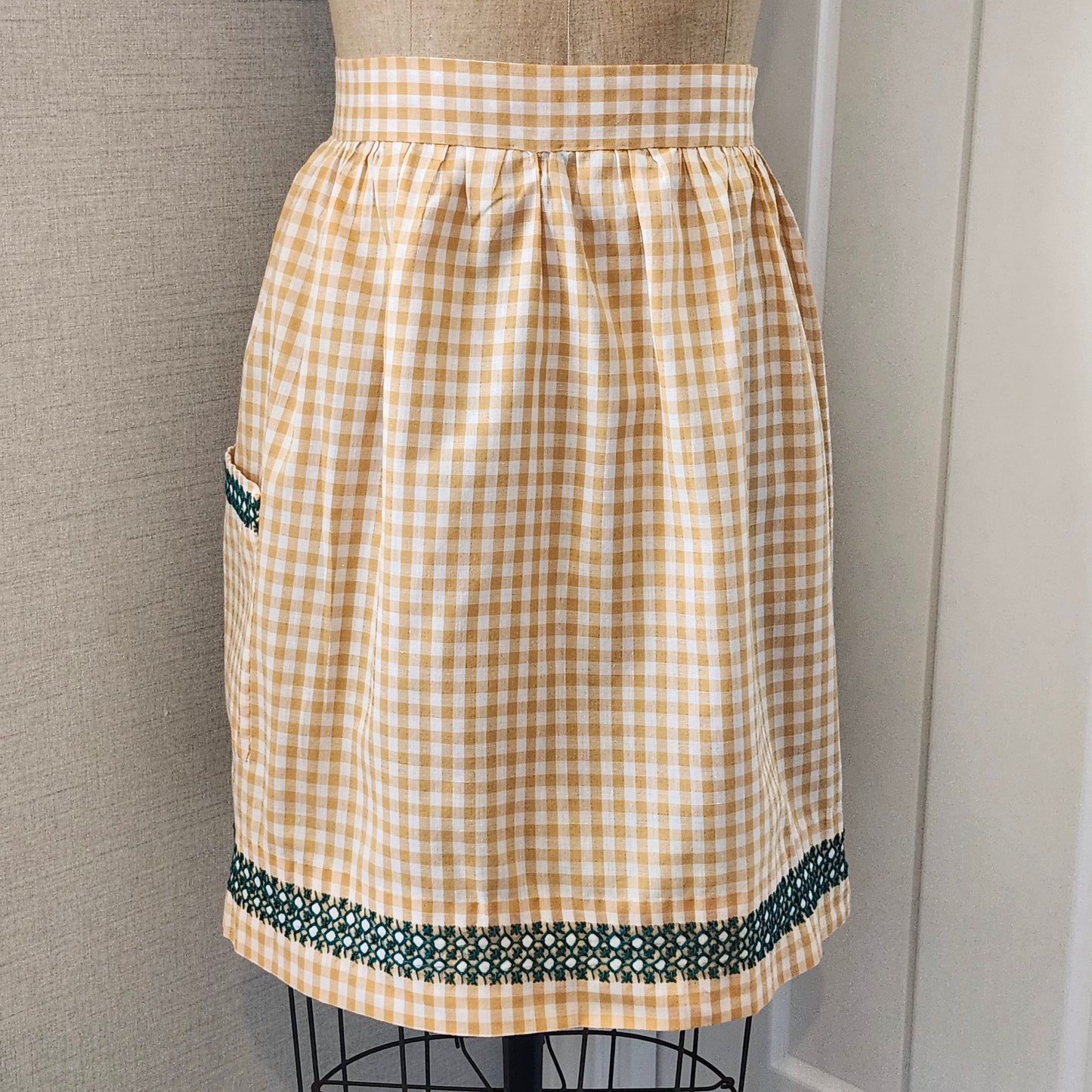 Tan Gingham Vintage Half Apron with Green Cross Stitch Design