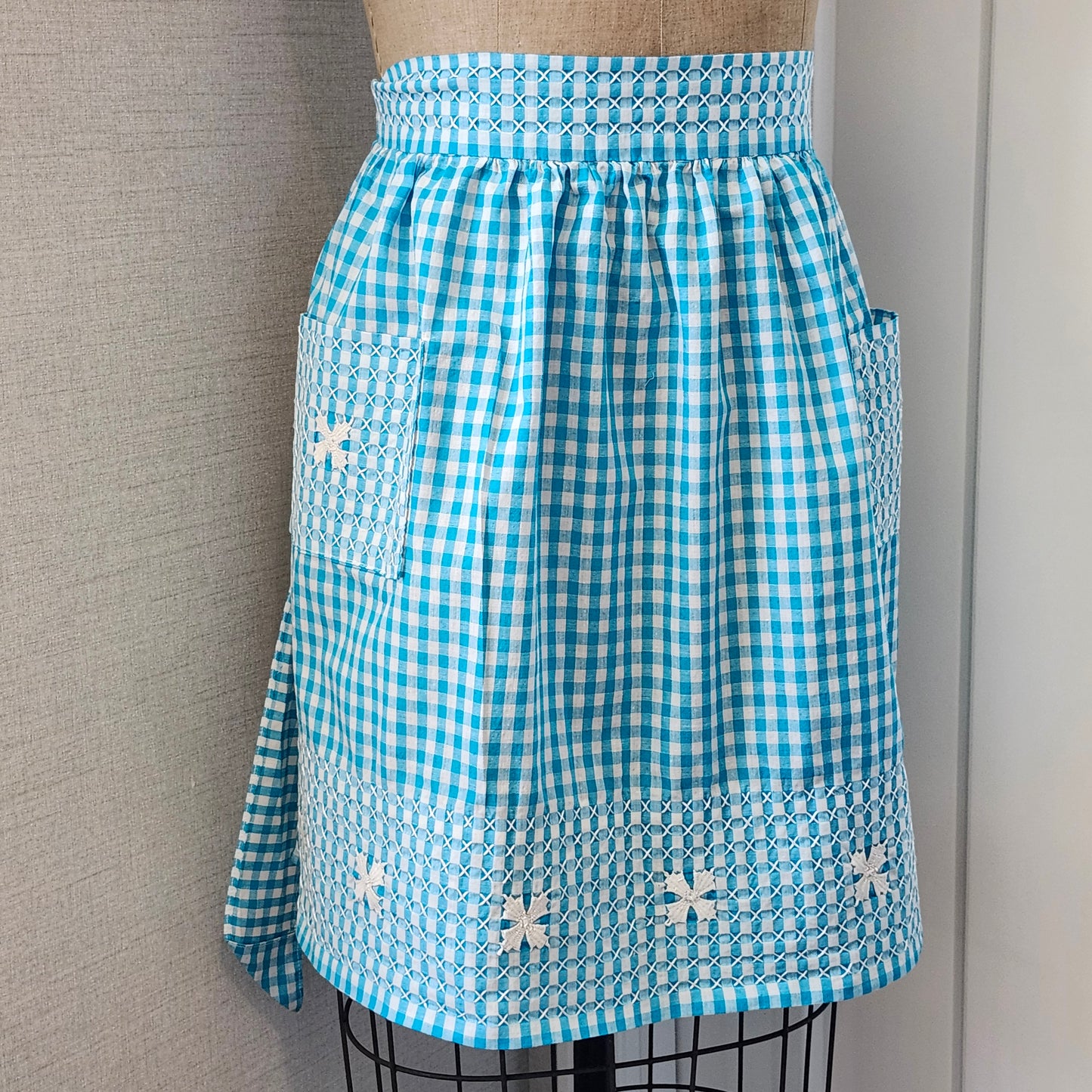Turquoise Gingham Vintage Half Apron with White Cross Stitch and Bouillon Stitch Flowers