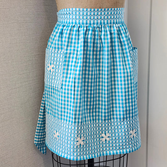 Turquoise Gingham Vintage Half Apron with White Cross Stitch and Bouillon Stitch Flowers