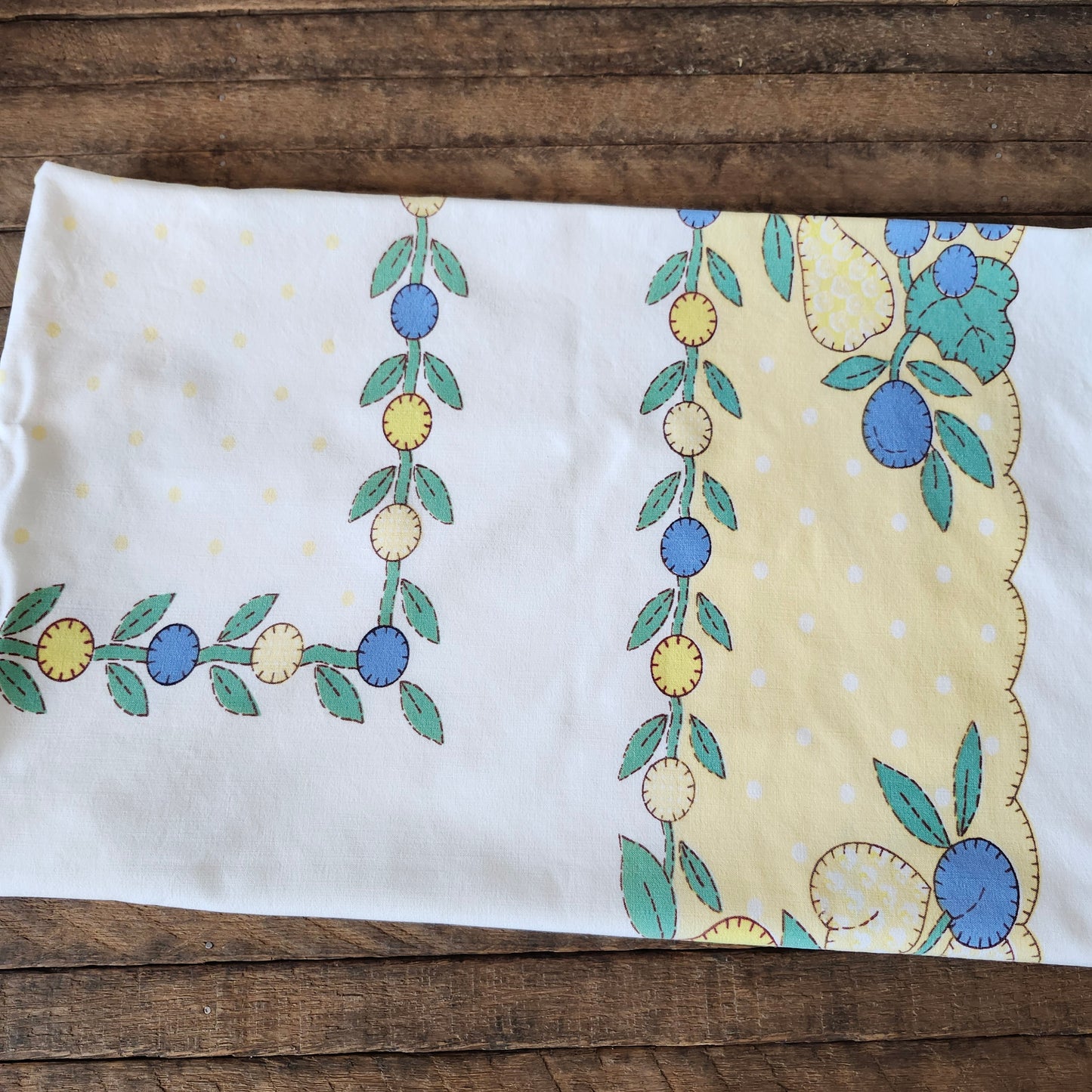 Yellow and Blue Fruit Design Vintage Tablecloth