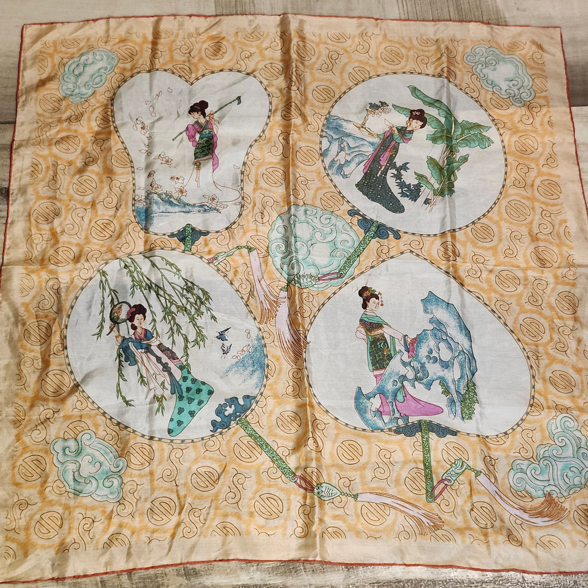 Vintage Triangle Brand Hand Printed Silk Scarf, Chinese Ladies Design